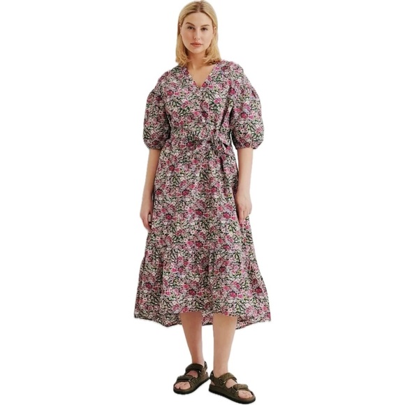 Mango Dresses & Skirts - MNG By Mango Linda Dress Midi Pink Ditzy Floral Puff Sleeve
